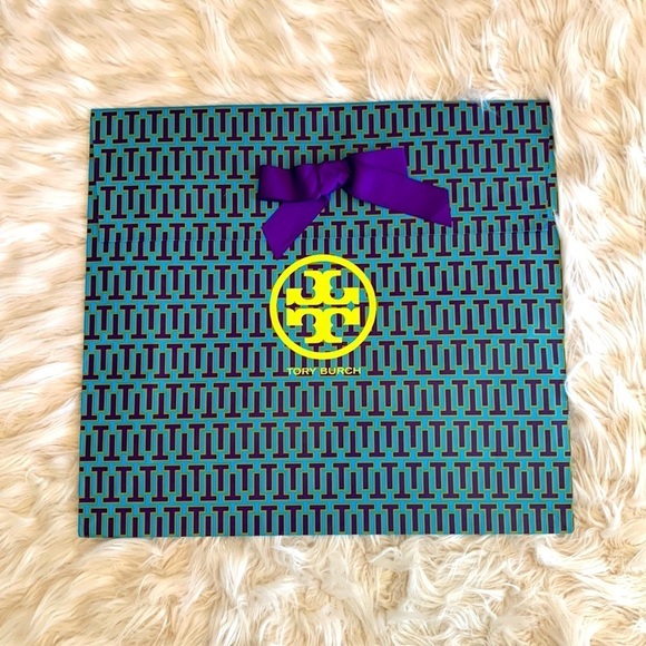 Designer Tory Burch Blue Purple and Green Paper Shopping Bag with Bow - Picture 1 of 9